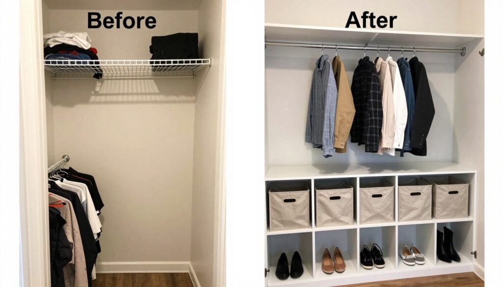 Before and after of a small walk-in closet transformed on a $200 budget showing creative storage solutions Before and after of a small walk-in closet transformed on a $200 budget showing creative storage solutions
