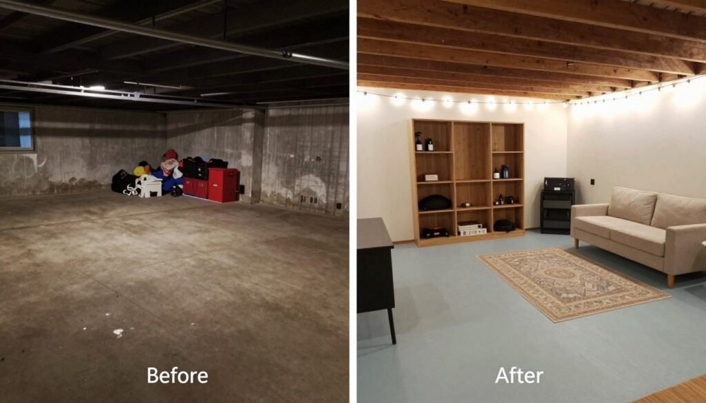 Before and after of an unfinished basement transformed on a budget with simple DIY solutions