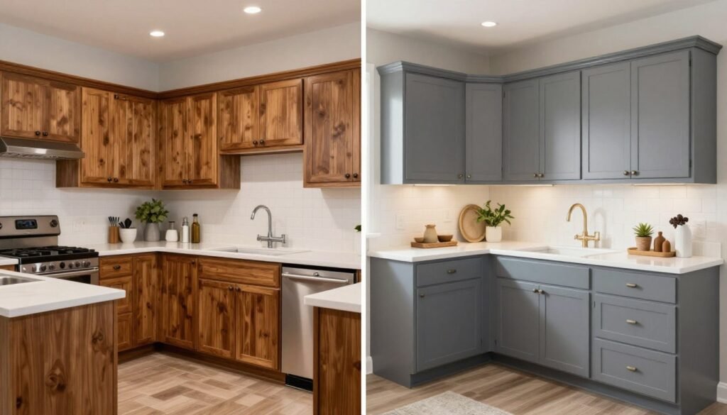 Before and after of complete budget kitchen makeover showing dramatic transformation