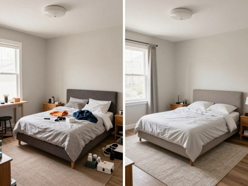 Before and after of decluttered bedroom showing dramatic improvement
