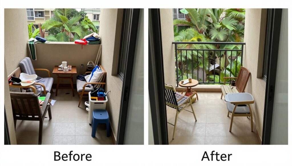 Before and after of optimized small balcony layout Before and after of optimized small balcony layout