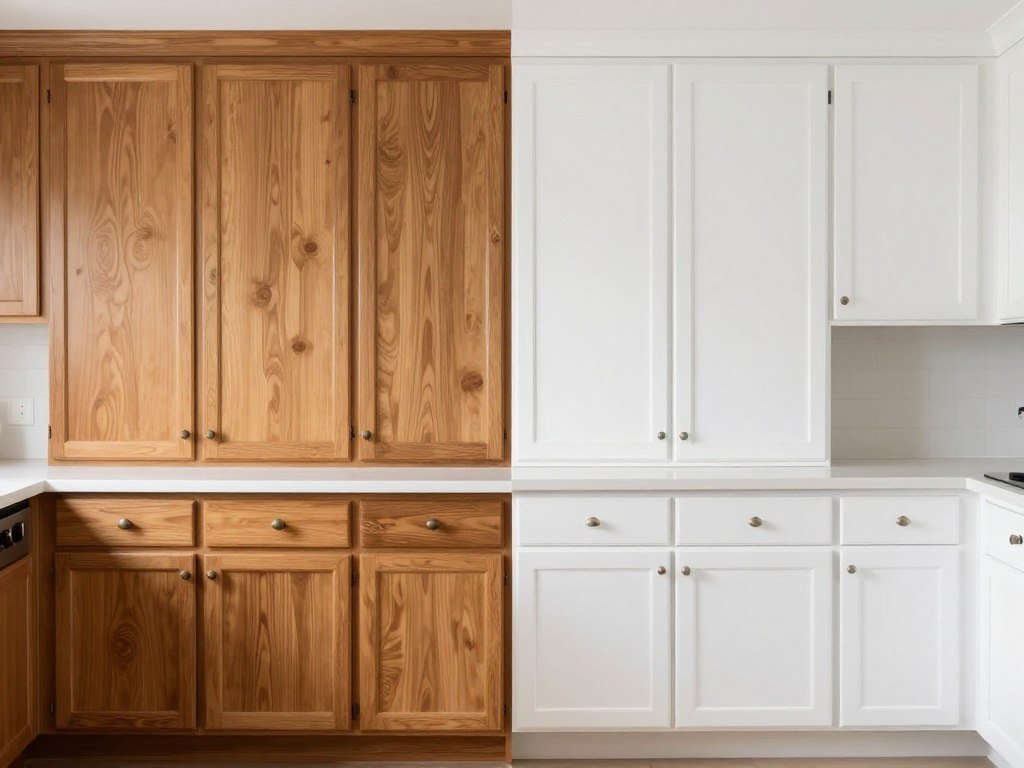 Before and after of painted kitchen cabinets showing a budget-friendly transformation