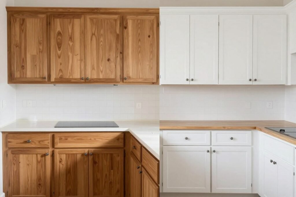 Before and after of painted kitchen cabinets showing dramatic transformation