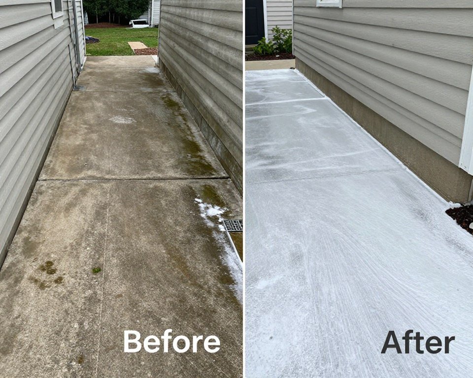 Before and after of power washing a walkway and house siding