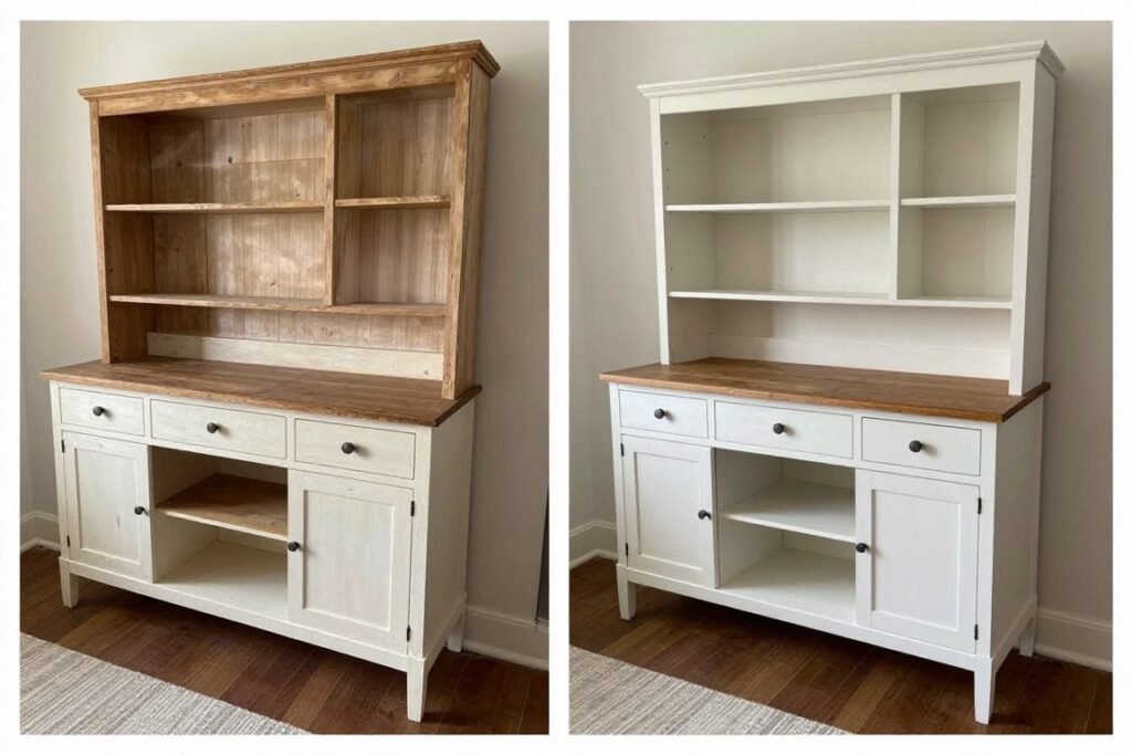 Before and after of thrifted furniture upcycled for a rental apartment on a budget