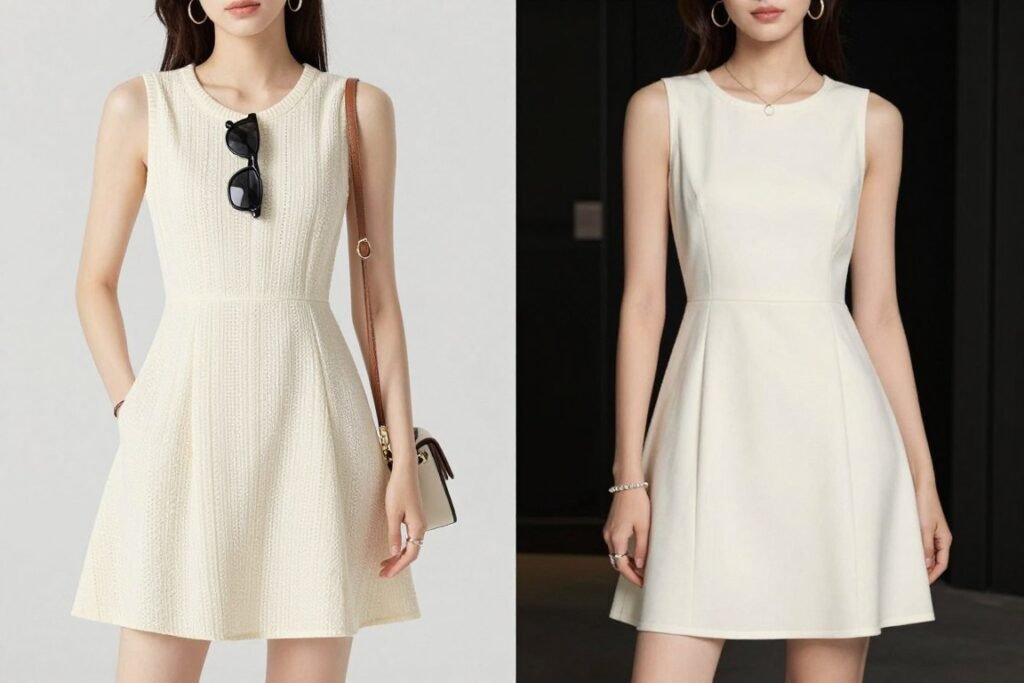 Before and after styling of same short summer dress for day and night