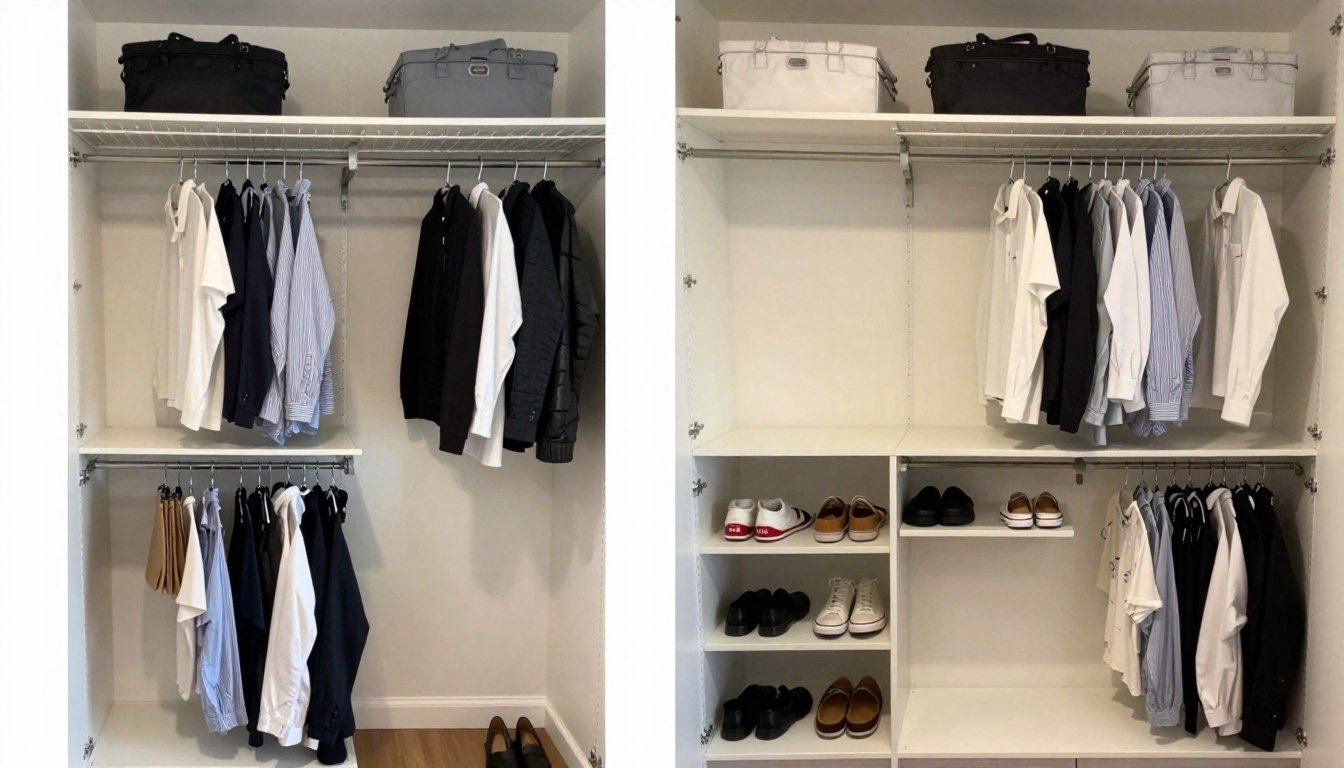 Before and after transformation of a DIY walk in closet on a budget showing dramatic improvement in organization and style