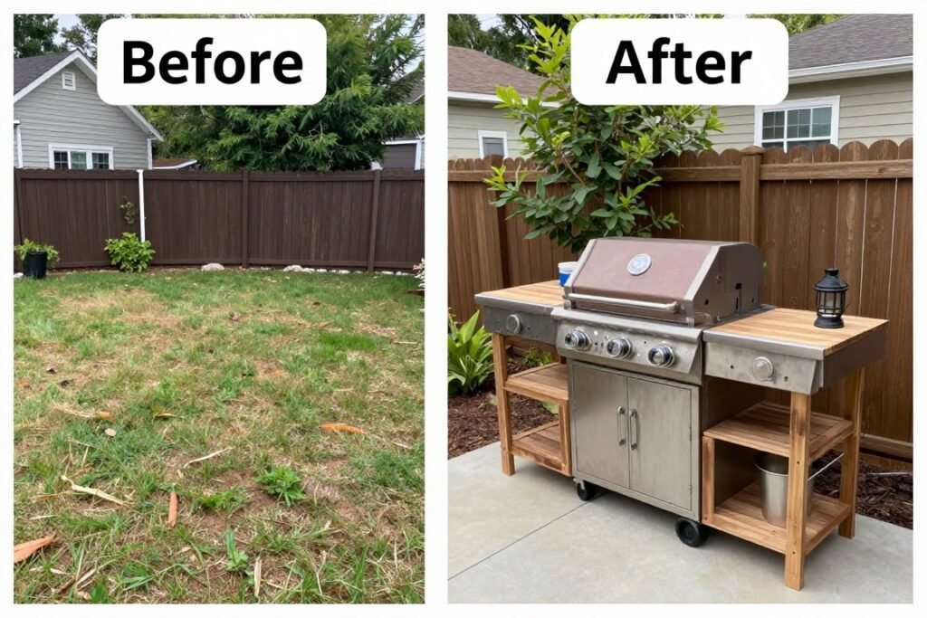 Before and after transformation of a backyard space into a budget-friendly outdoor grill area