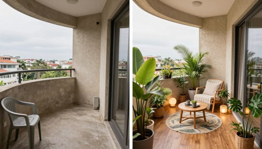 Before and after transformation of an apartment balcony showing dramatic improvement through thoughtful decorating