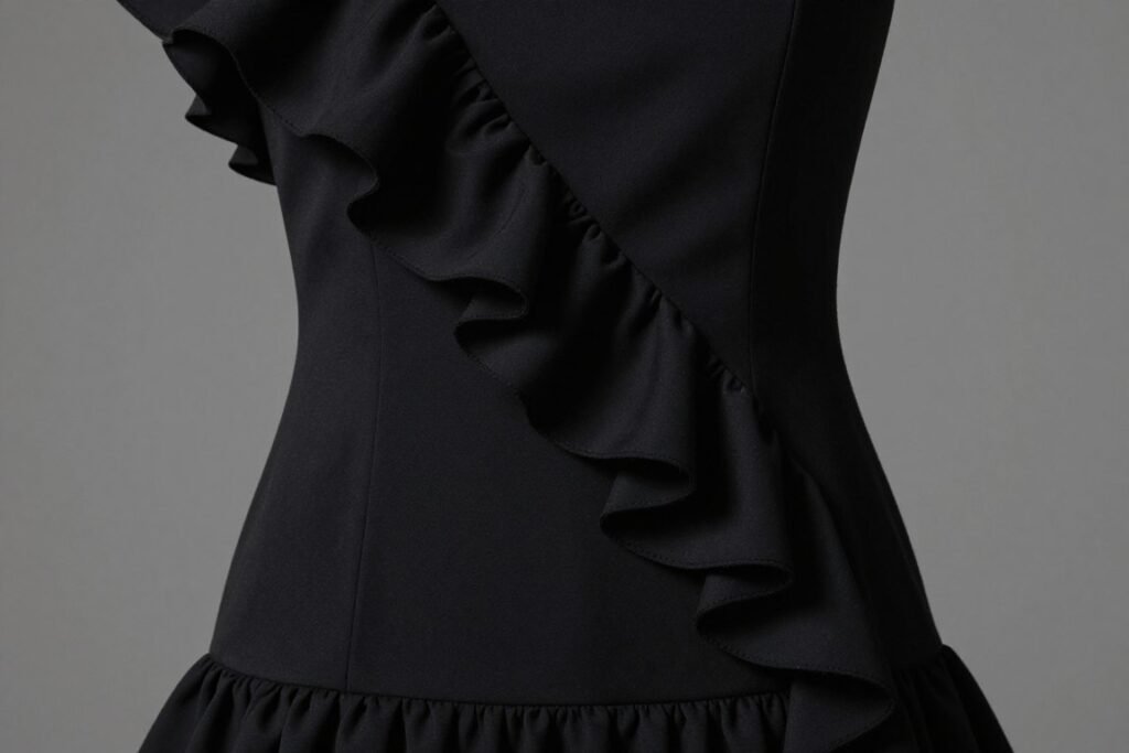 Black dress with dramatic ruffle detail along the shoulder and hem