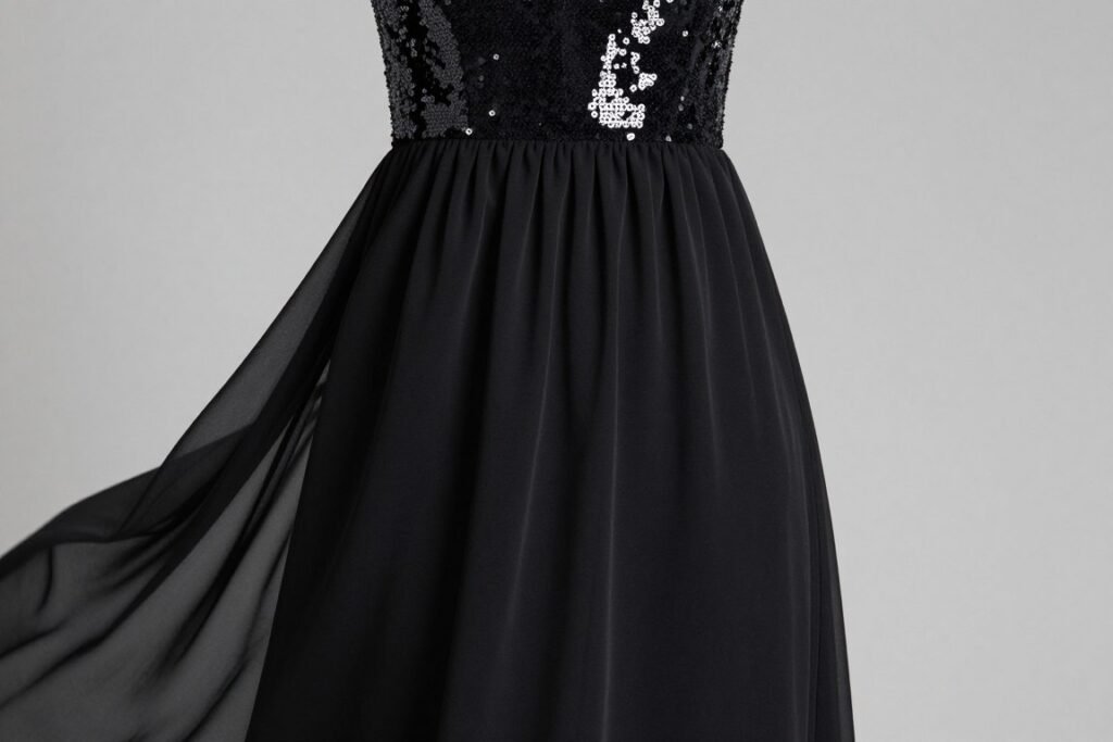 Black dress with sequin bodice and flowing chiffon skirt