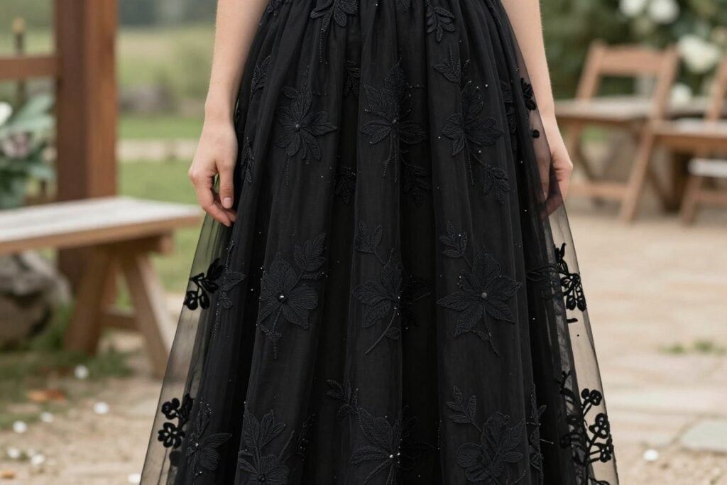 Black dress with sheer floral embroidery overlay at outdoor wedding