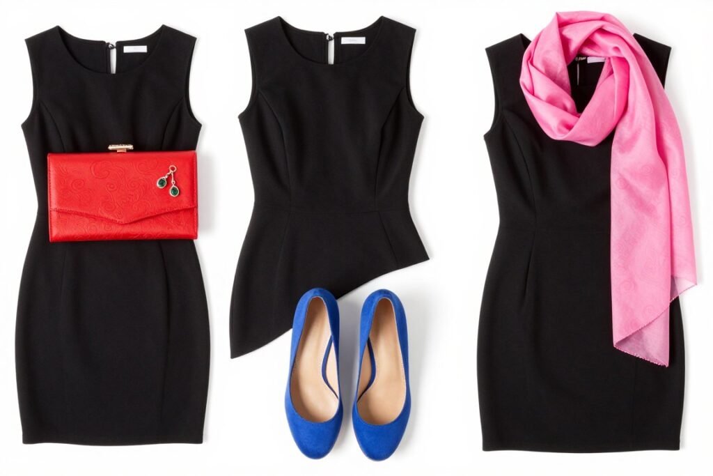 Black graduation dresses paired with colorful accessories showing how to add pops of color