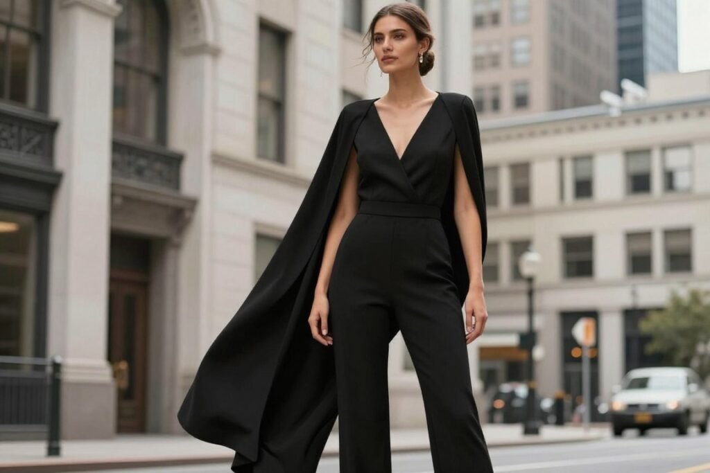 Black jumpsuit with cape detail as alternative to dress at city wedding