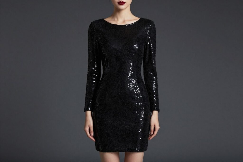 Black long-sleeve dress with subtle sequin detail for winter wedding