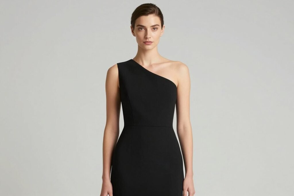 Black one-shoulder dress with architectural detail and minimal jewelry