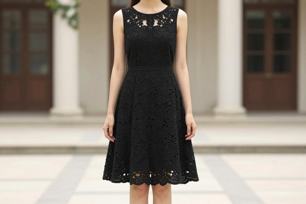 Black sleeveless dress with floral cutout details at daytime wedding