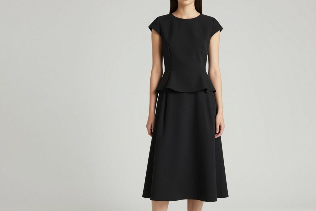Black structured midi dress with peplum detail and cap sleeves