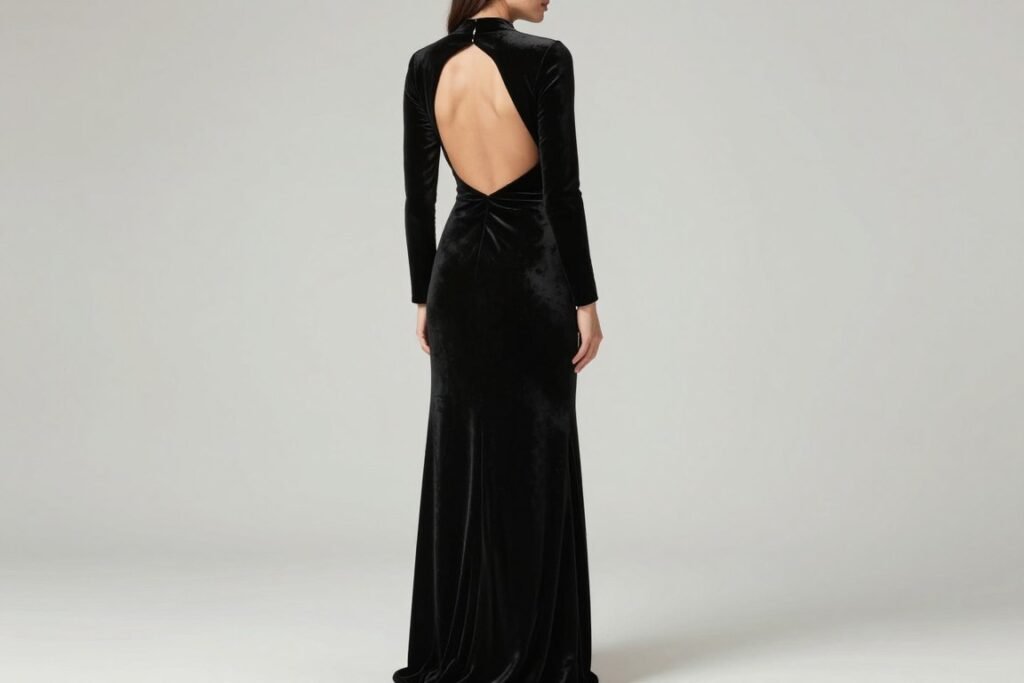 Black velvet floor-length gown with open back detail