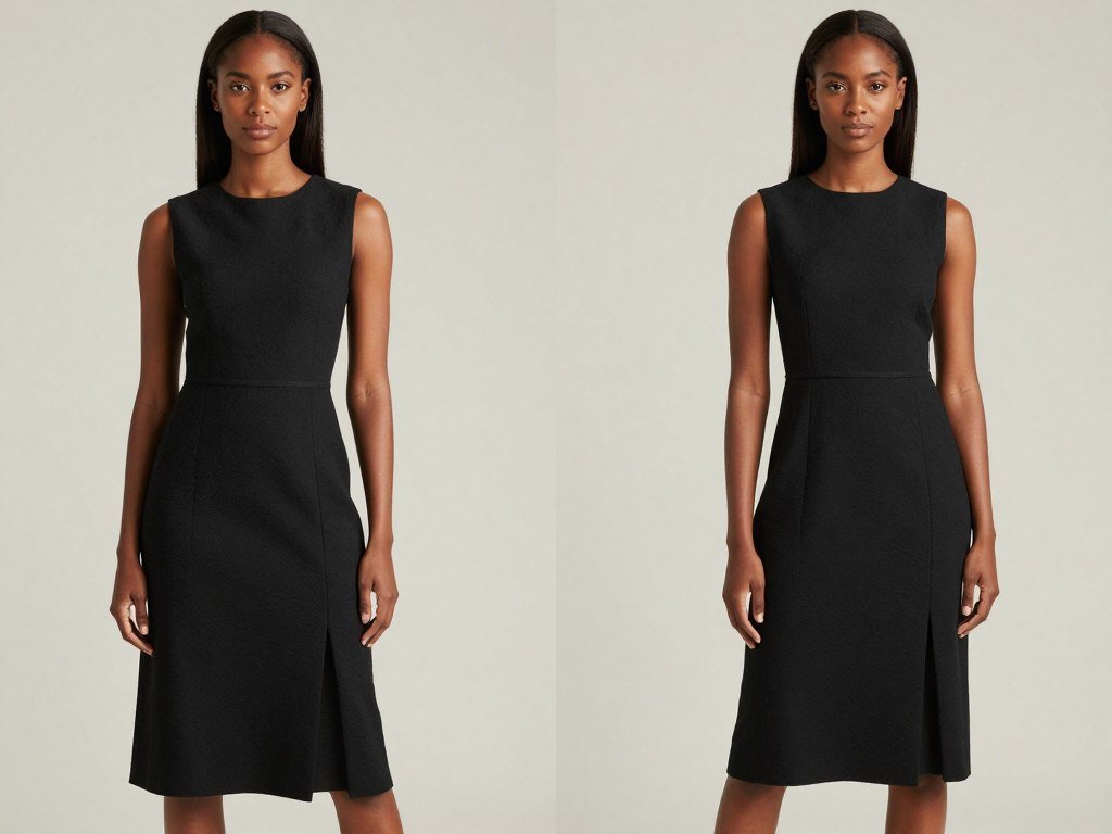 Black woman in a classic black midi dress with subtle texture and structured silhouette