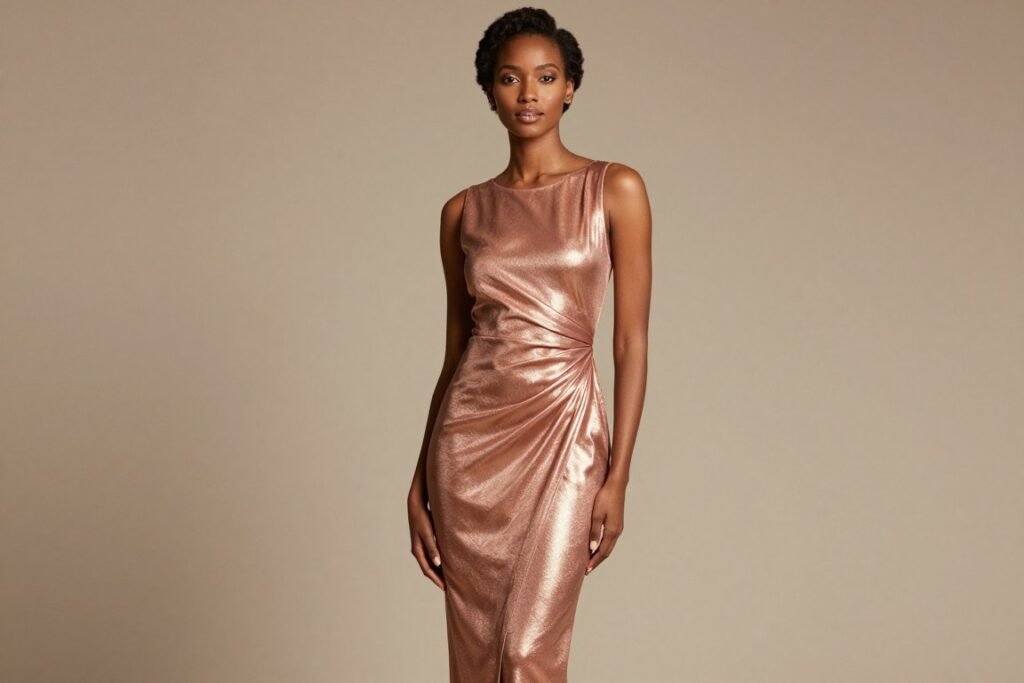 Black woman in a rose gold metallic dress with subtle draping and midi length