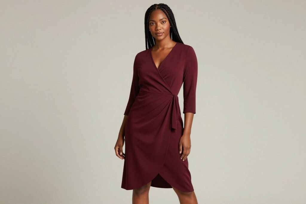 Black woman wearing a burgundy wrap dress with three-quarter sleeves