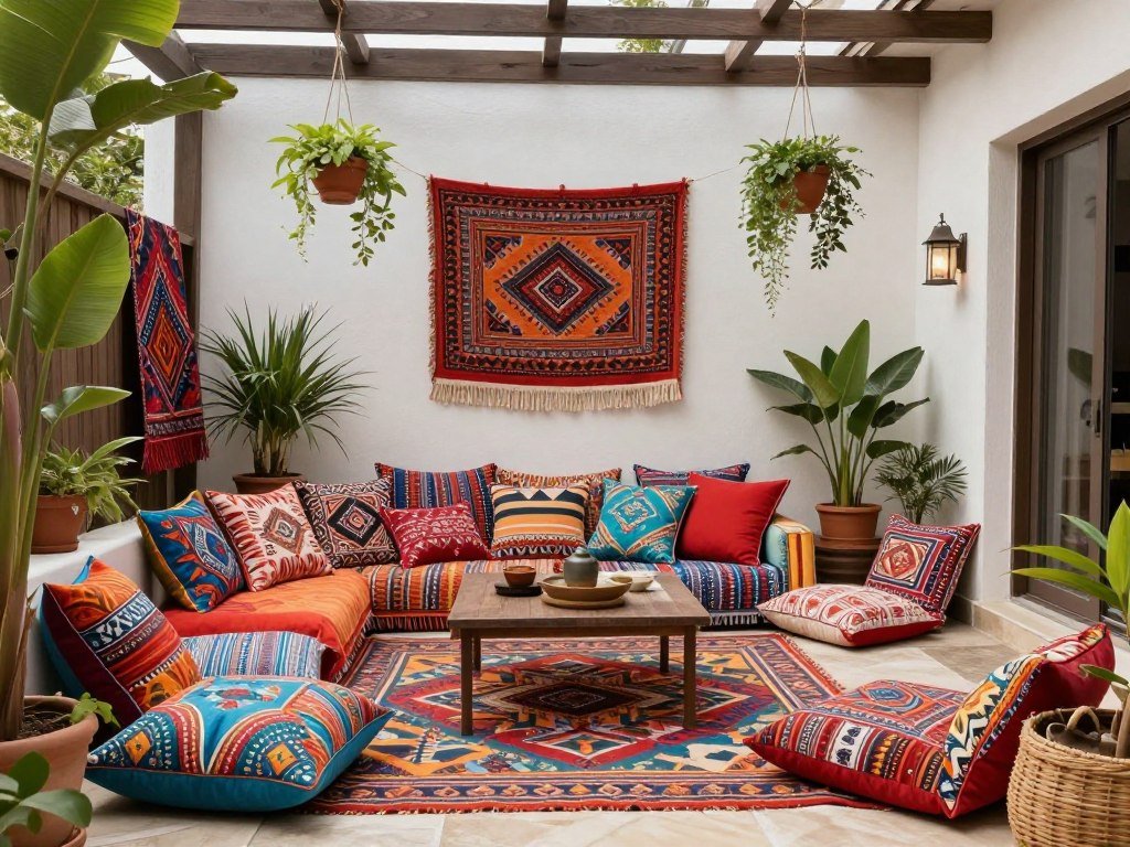 Bohemian style budget patio with colorful textiles, mixed patterns, and eclectic furniture arrangement