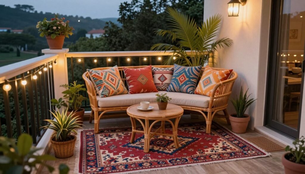 Bohemian style small balcony with colorful textiles Bohemian style small balcony with colorful textiles