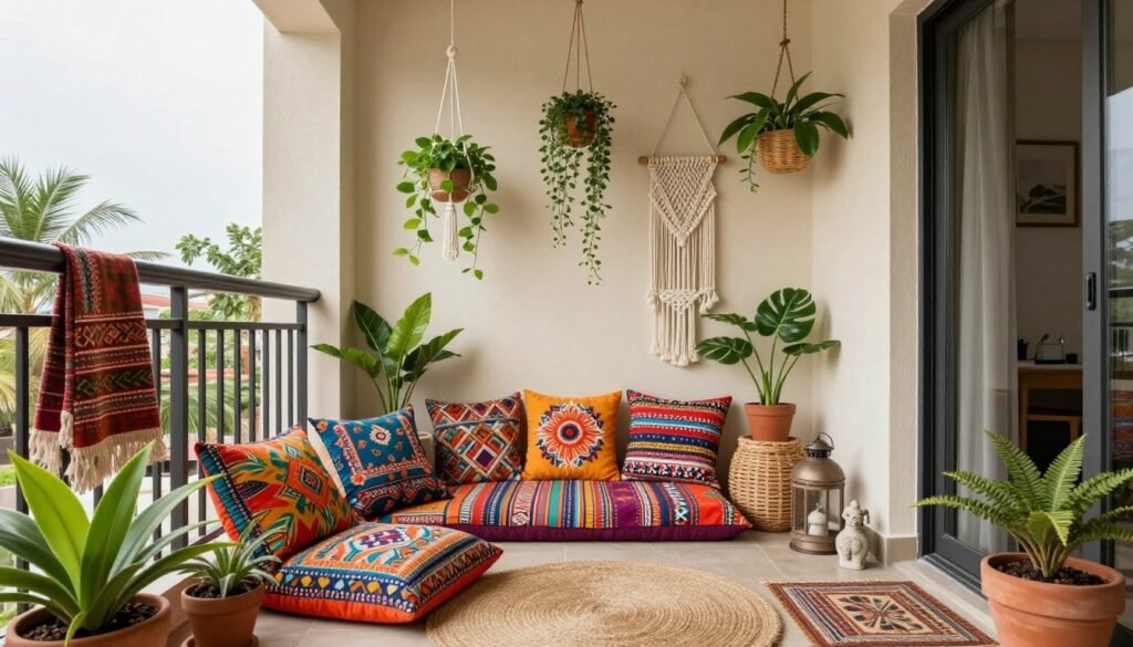 Bohemian-styled apartment balcony with colorful textiles, plants, and mixed patterns