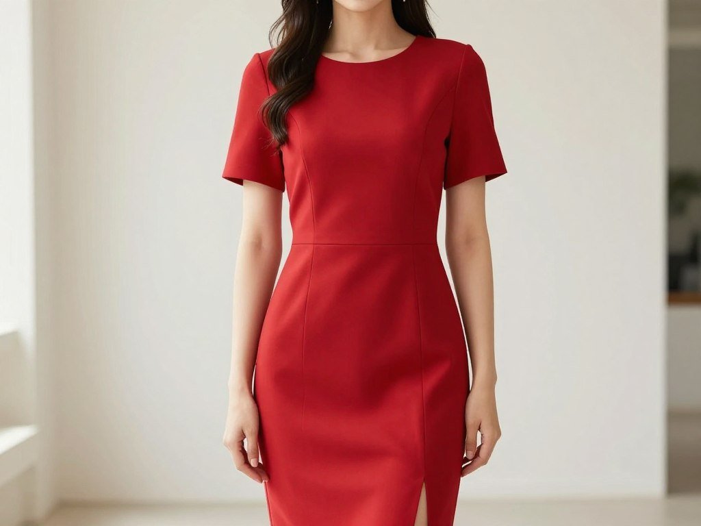 Bold red graduation dress with simple silhouette and minimal accessories
