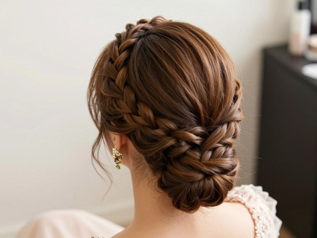 Braided crown updo wedding guest hairstyle