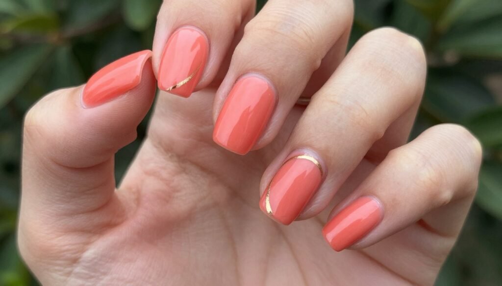 Bright coral summer manicure with gold accent detail