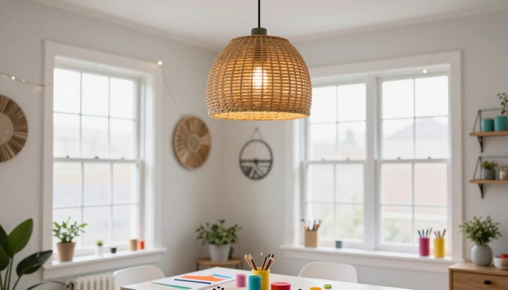 Bright craft room with DIY pendant light and upcycled decorative elements
