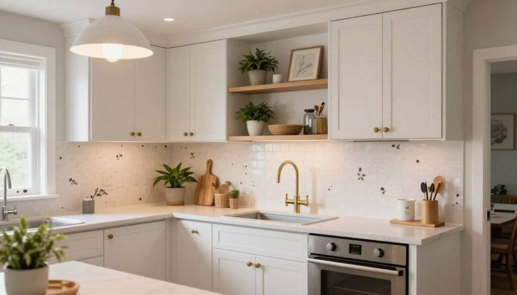 Bright, updated kitchen showing multiple budget-friendly improvements working together