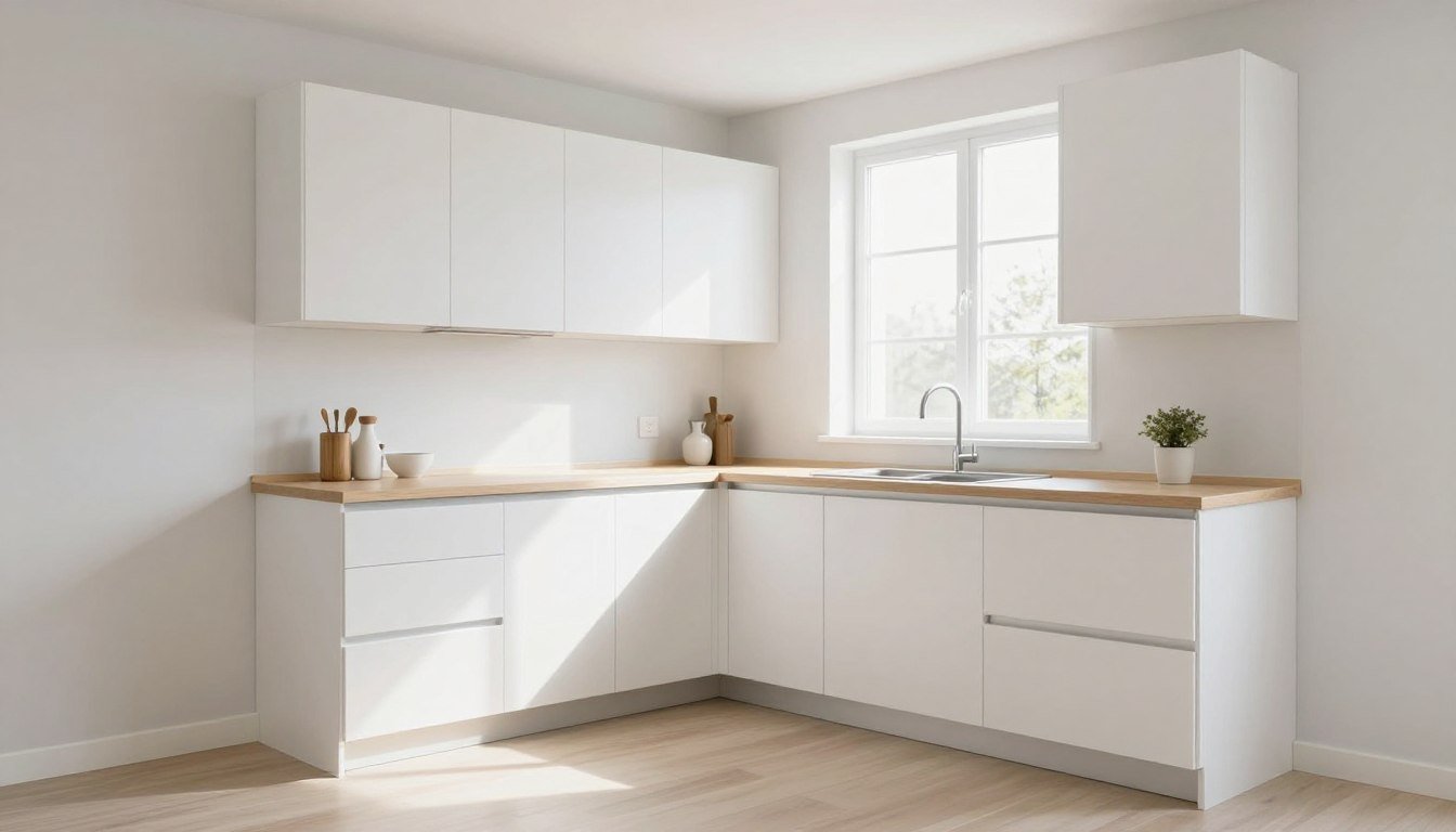 Bright white small kitchen with light countertops and natural light streaming in