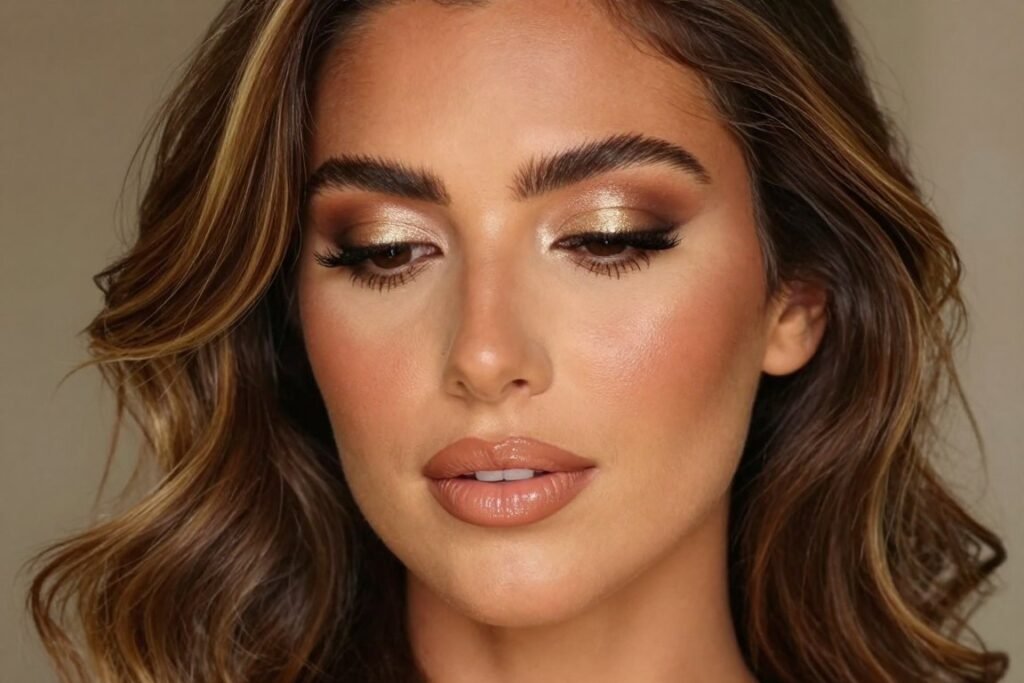 Bronzed goddess wedding guest makeup with warm tones