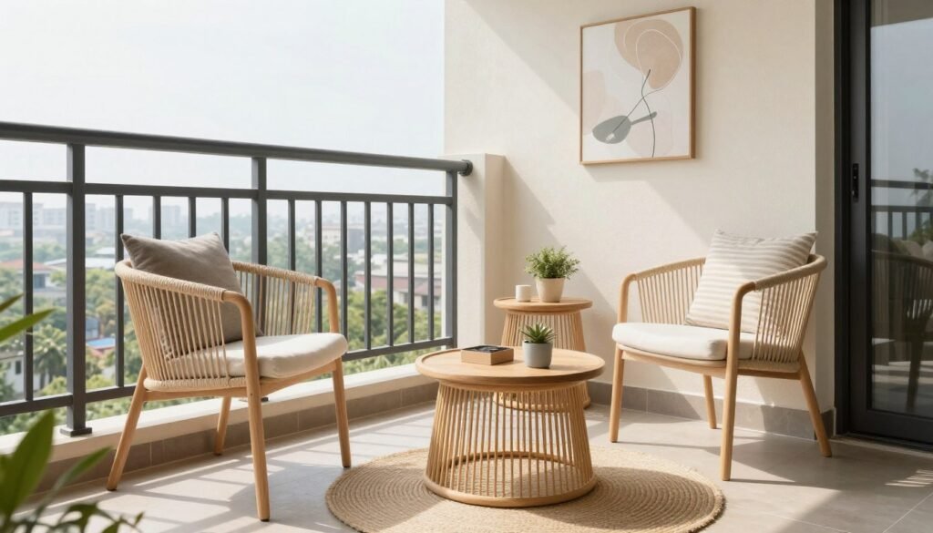 Budget-friendly balcony setup with affordable furniture and DIY elements