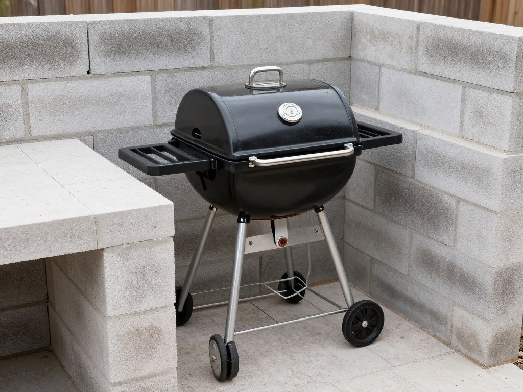 Budget-friendly charcoal grill installed in DIY outdoor grill area made with cinder blocks