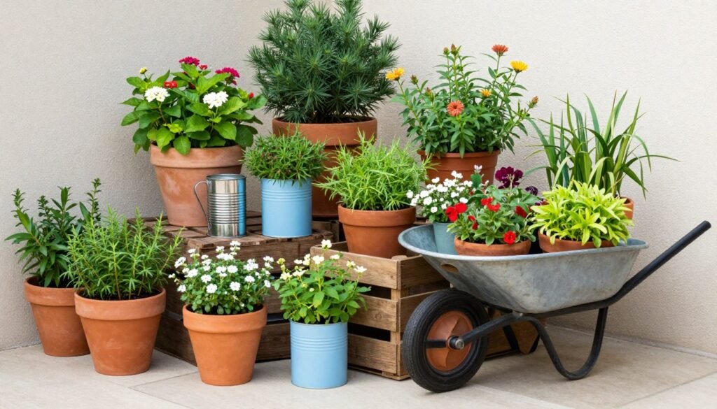 Budget-friendly container garden with various plants in repurposed containers