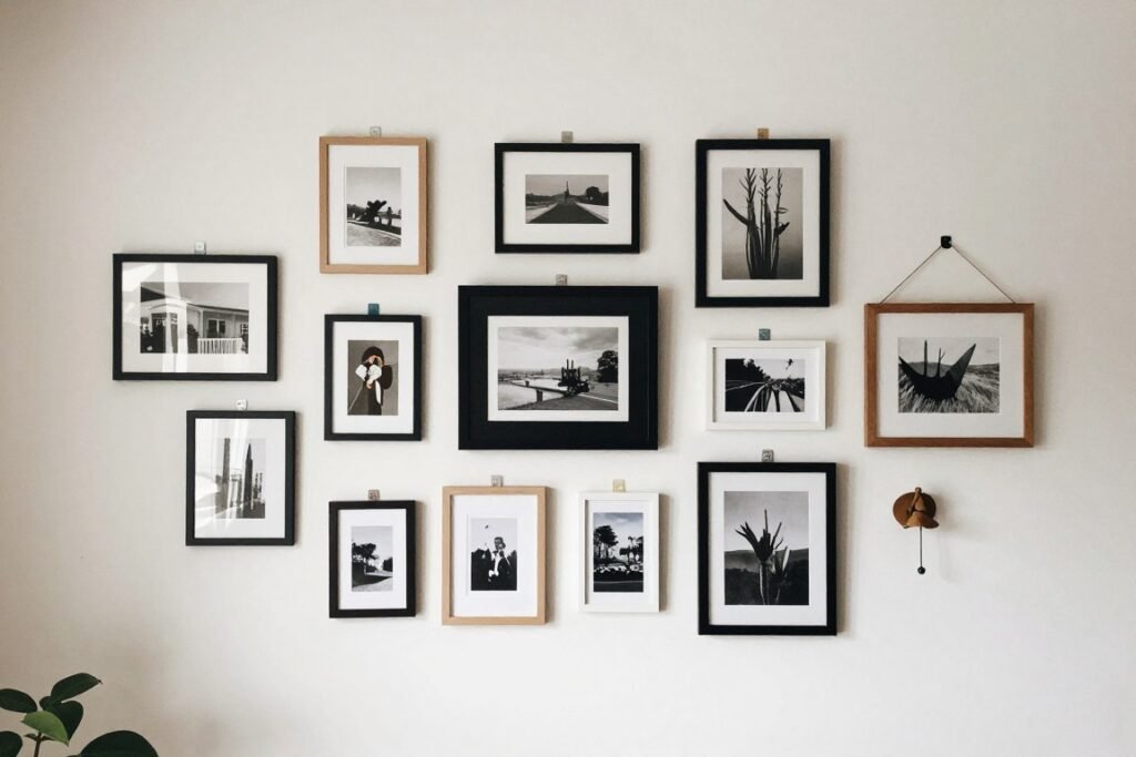 Budget-friendly gallery wall in rental apartment using command strips for damage-free hanging