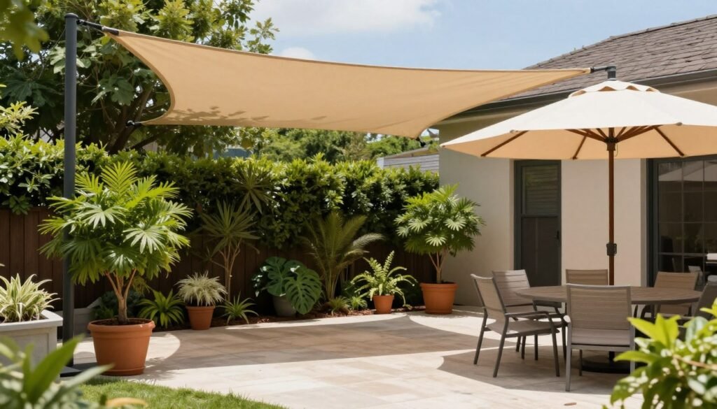 Budget-friendly patio shade solutions including DIY sail shade, umbrella, and strategic plant placement