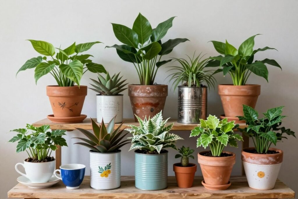 Budget-friendly plant display in rental apartment using repurposed items as planters