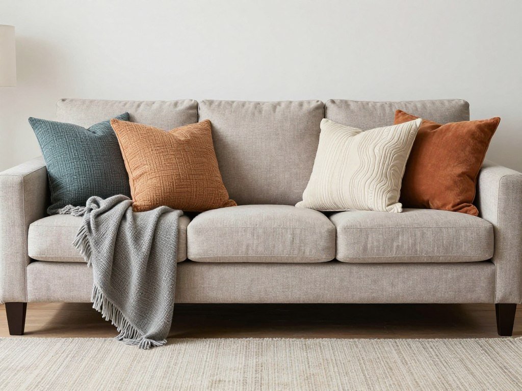 Budget-friendly rental living room with colorful throw pillows and blankets adding personality