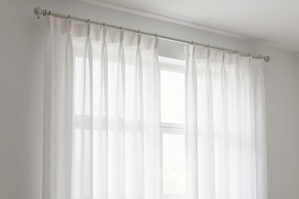 Budget-friendly white curtains hanging from a simple rod, creating a bright, airy feel