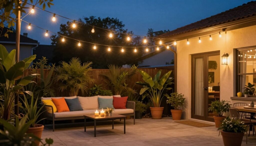 Budget patio at night with string lights creating a magical atmosphere