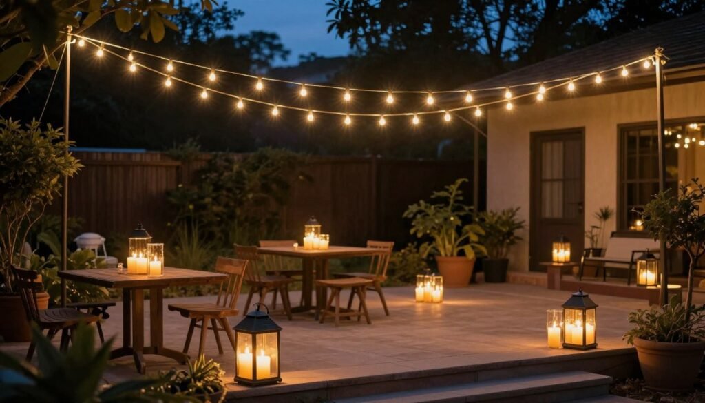 Budget patio at night with string lights, solar lanterns, and candles creating a magical atmosphere