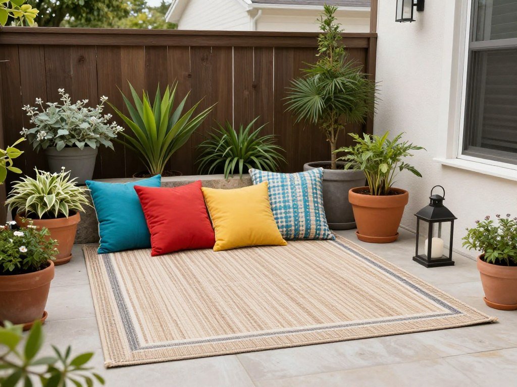 Budget patio decor including outdoor rug, colorful pillows, and potted plants creating a cohesive look