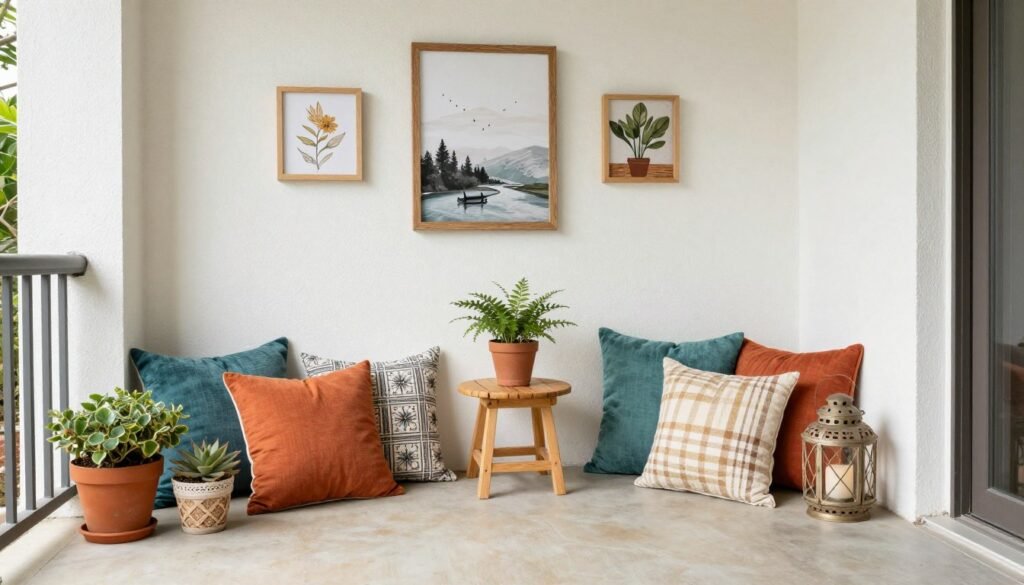 Budget patio decorated with colorful pillows, lanterns, and DIY art