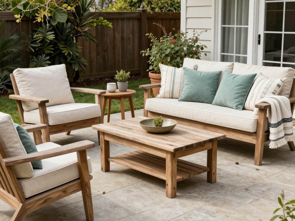 Budget patio furniture arrangement with thrifted and upcycled pieces creating a cohesive outdoor living space