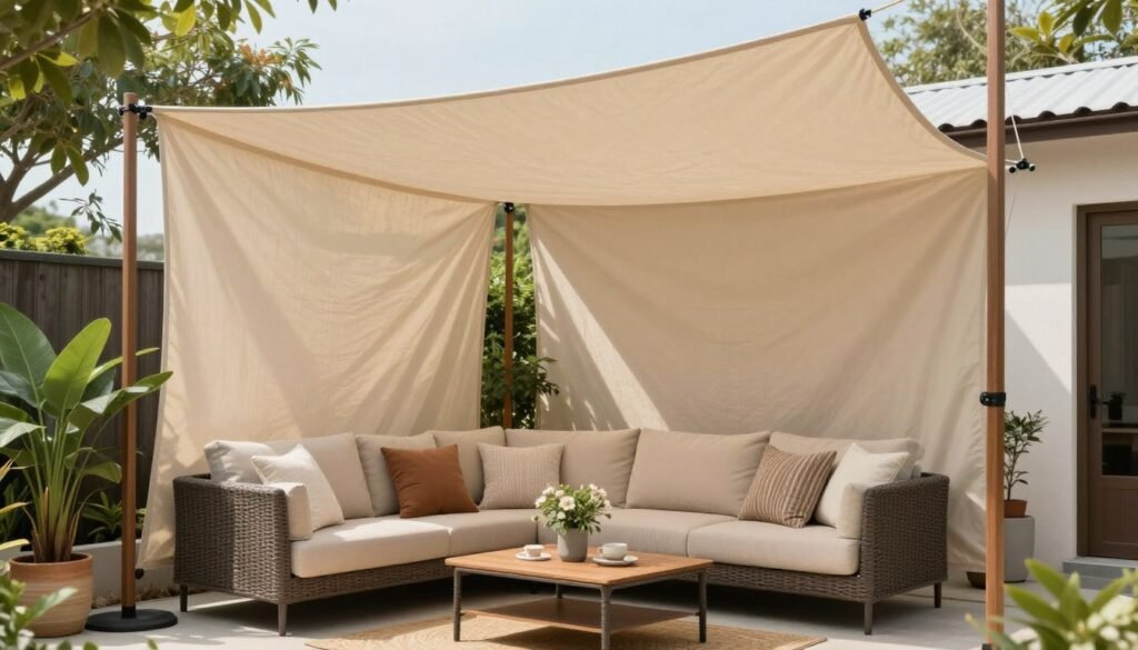 Budget patio with DIY drop cloth canopy providing shade